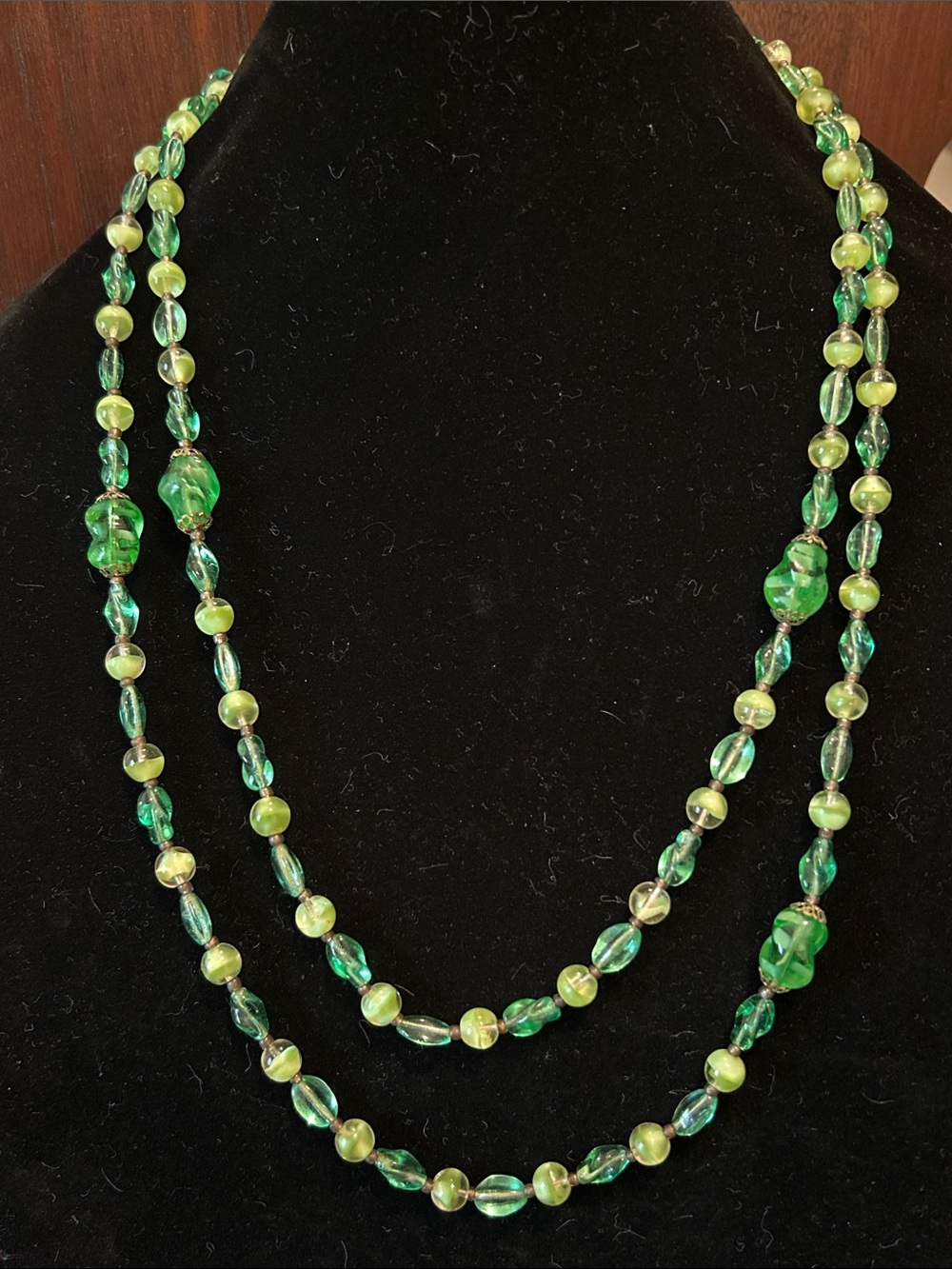 Czech Green Lamp Glass Bead Necklace with Brass Filigree Caps